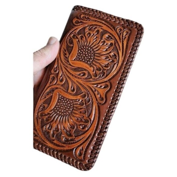 Western  Leather Bi-fold Rodeo Wallet Floral Tooled Ranger Cordovan Stitch Edge - Picture 4 of 9